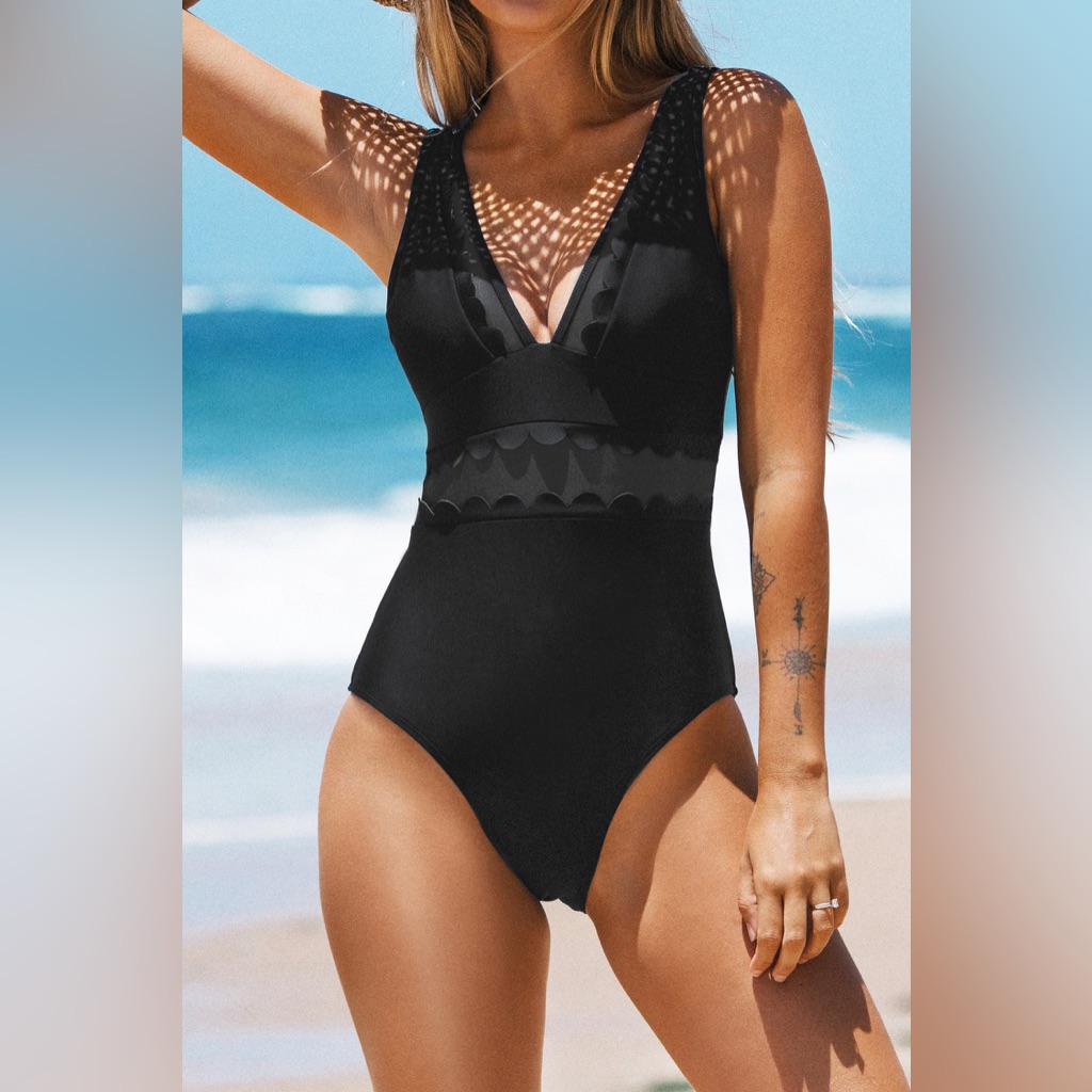Cupshe Solid Black V-Neck One Piece Swimsuit Empire Waist Ruffle Mesh Modern Sm